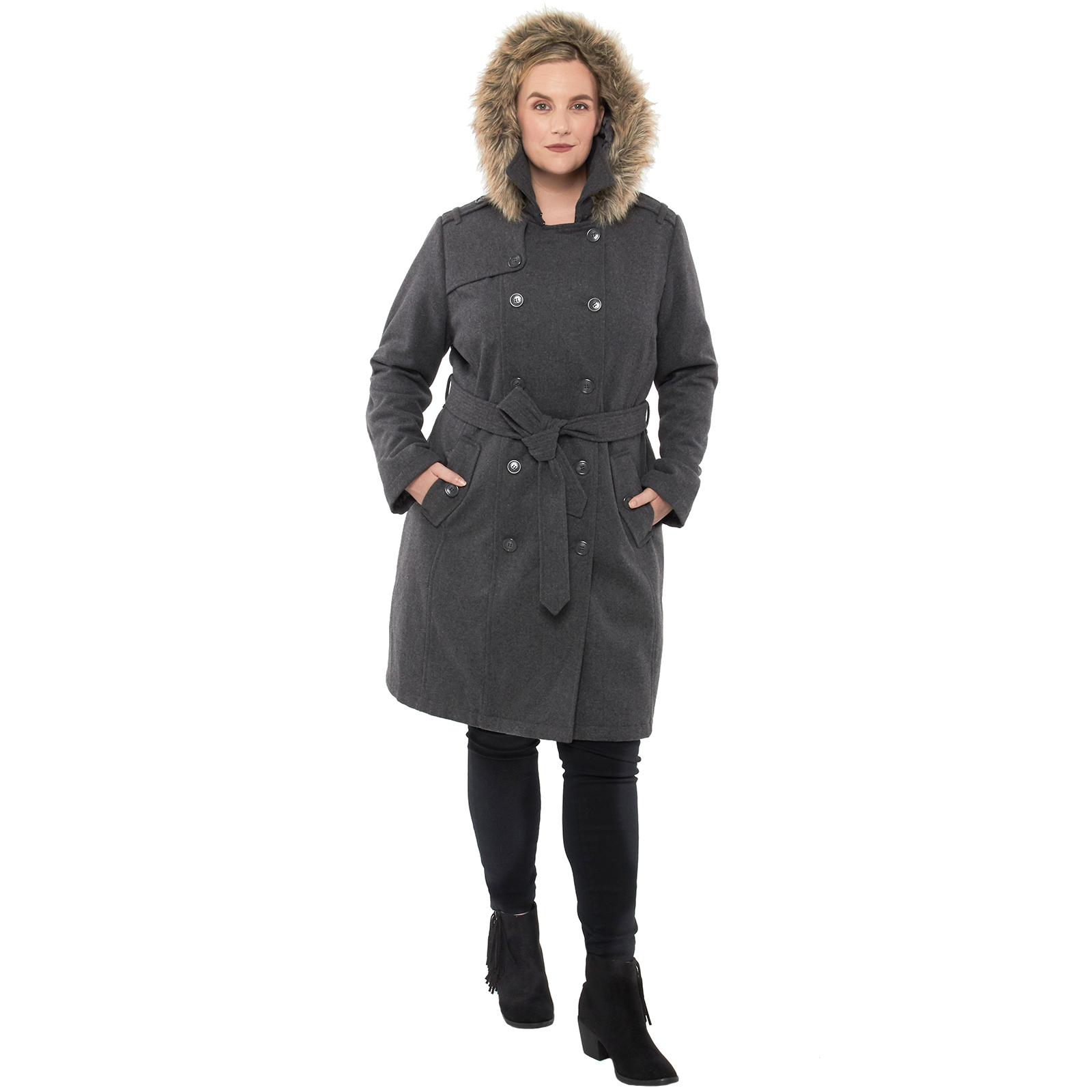 Alpine Swiss Womens Parka Trench Pea Coat Belt Jacket Fur Hood Reg